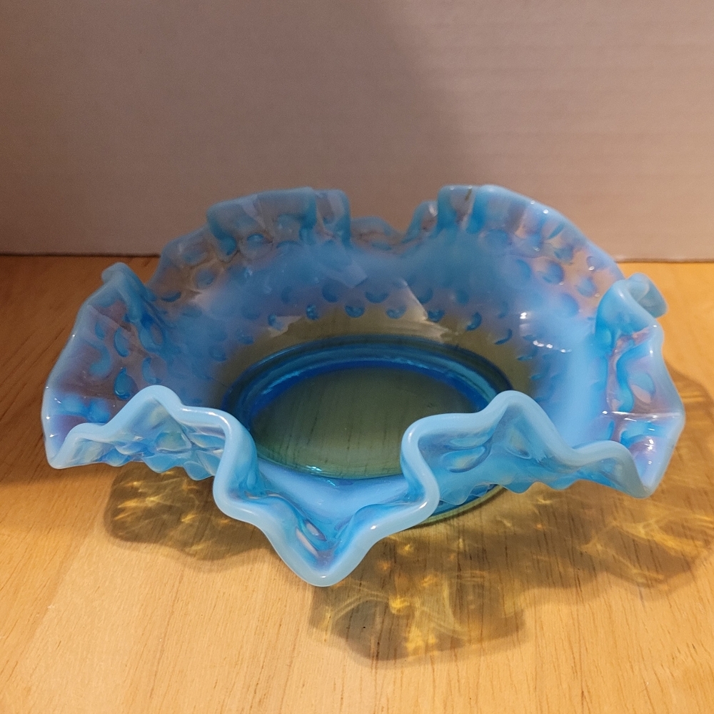 Vintage Fenton Blue Opalescent Hobnail Ruffled Candy Dish